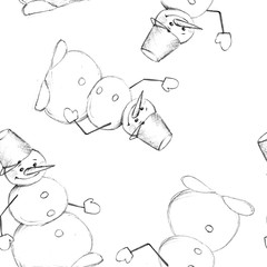 Snowmen. Hand-drawn line illustration. Seamless background 1