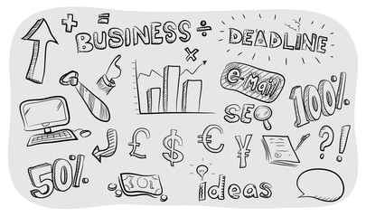 Business Theme Doodle Set, a hand drawn business theme vector doodle set, isolated on simple grey background (editable).