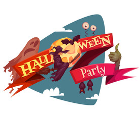 Halloween party banner wih witch and moon. Vector illustration
