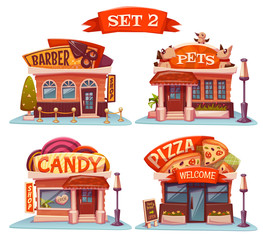 Candy, Pets shop, Pizzeria and barbershop. Vector set