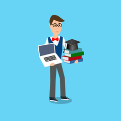 Man carry laptop and books show the graduated  cap  vector. illu