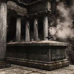 Gotycki grób z krukiem i bluszczem w ponurej scenerii - obrazy, fototapety, plakaty