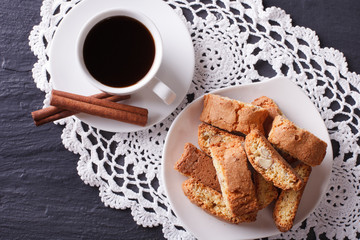 cantuccini cookies and coffee on the table closeup. horizontal top view 
