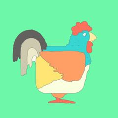 Hand drawn flat square icon rooster isolated on green background