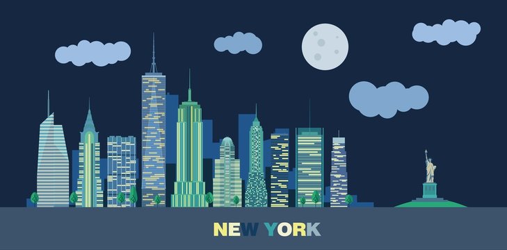 The landscape of skyscrapers of night New York City with the statue of liberty. Vector flat illustration .