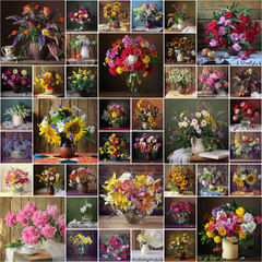 Collage from still lifes with bouquets
