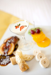 Fruit and chocolate deserts in hotel.
