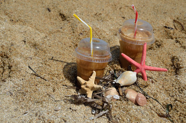Cold coffee frappes on beach