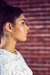 close up of a serious woman looking away