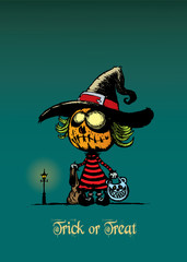 Trick or treat.Pumpkin witch girl.Imaginary Halloween character.