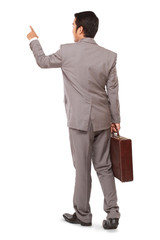 Rear view of a businessman standing pointing and holding bag, isolated on white background