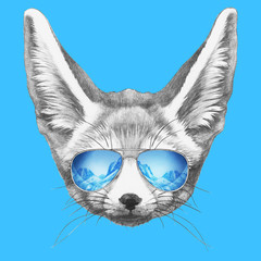 Portrait of Fennec Fox with mirror sunglasses. Hand drawn illustration. 