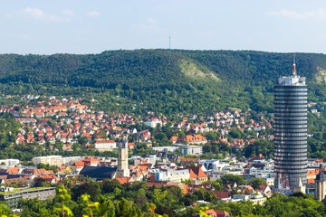 Beautiful view of hills, old town and tower. Jena, Thuringia, Germany