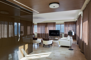 Home modern theater interior with big windows