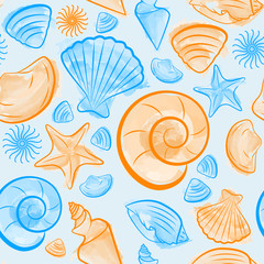 Seamless pattern with seashells created by watercolor brushes blue and orange