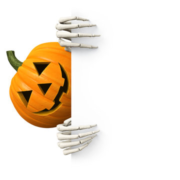 Halloween - carved pumpkin with skeletal hands holding blank board sideways