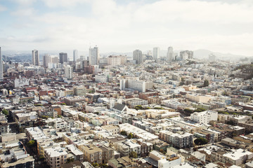 Spectacular aerial panorama of San Francisco city made from the top floor of Coit tower on sunny day, California
