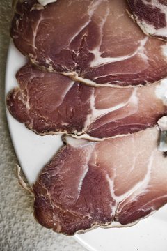 Traditional ham at Village of Cervione, east coast of Corsica, France, Europe