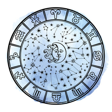 Zodiac sign in  Horoscope circle.Cyan watercolor stein