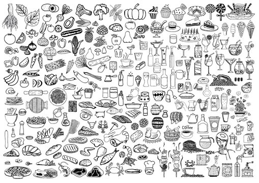 Set of food and drinks doodle on white background.