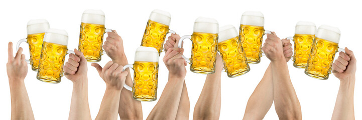 Hands with beer mugs isolated on white background
