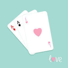 Three poker playing card with ace of spade, diamond and heart sign Love background Flat design