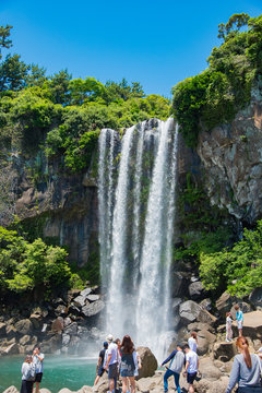 済州島 正房瀑布 海に流れる美しい滝 The Jeongbang Waterfall which falls directly into the sea, Jeju-do, South Korea