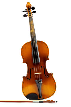 Violin and bow on a white background.