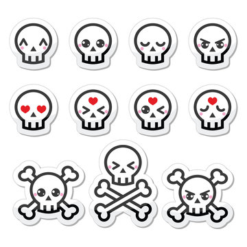 Kawaii cute Halloween skull labels set
