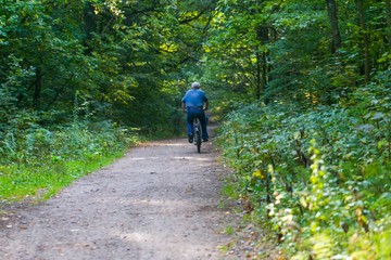 Fototapeta premium Man riding on bike through summertime forest
