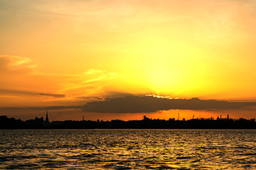 Sunset chao phraya river bangkok thailand.