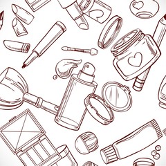 Seamless pattern from doodles on cosmetics cream,eye shadow, fac