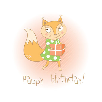 Vector card to birthday with the squirrel bearing a box with gift.