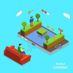 Mobile gaming flat isometric vector concept.