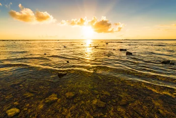 Zelfklevend Fotobehang Zonsondergang aan zee Sunset, sunbeam, sky, sea, coast. Okinawa, Japan, Asia.
