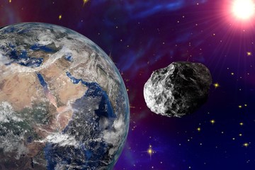 Asteroid approaching to the Earth on background with stars and galaxies, elements of this image furnished by NASA. Space background. Fantastic background