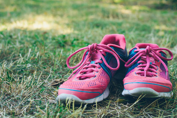 Pink and blue sneakers on a green grass