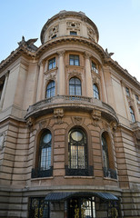 Fototapeta na wymiar Art nouveau clamshell awning on neoclassical Cercul Miltar National building, Bucharest