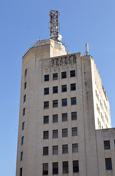 Clear art-deco lines of Telephone Palace (Palatul Telefoanel in Bucharest, Romania