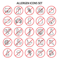 Set of allergen free products icons. Insects and wool, dust and medicine and odor. Vector illustration - 89984267