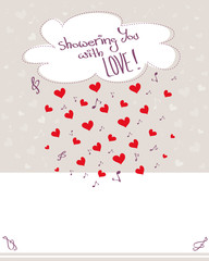 Fototapeta na wymiar Greeting card with raining hearts, musical notes and cloud, pale background with copy space