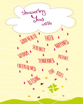 Greeting card with a cloud and raining words, hearts and raindrops, yellow background