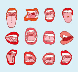 Fototapeta na wymiar mouths collection in different expressions. vector icon illustration.