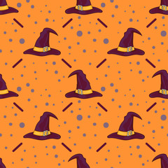 Halloween seamless background with cartoon witch hats.