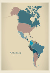 Modern Map - America complete map with countries colored