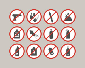Prohibited luggage items. Airport restrictions. Dangerous stuff for airplane. Vector icons collection.