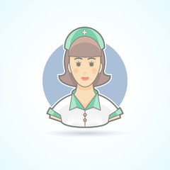 Nurse, nanny, paramedic icon. Avatar and person illustration. Flat colored outlined style.