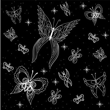 Butterflies. Set of vector illustrations. Black-white