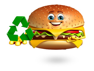 Cartoon character of  burger with recyclibg icon