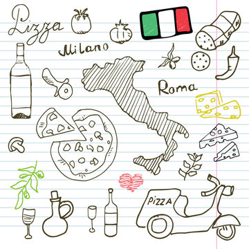 Italy doodles elements. Hand drawn set with pizza scooter, wine, cheese and map. Drawing doodle collection, on paper background